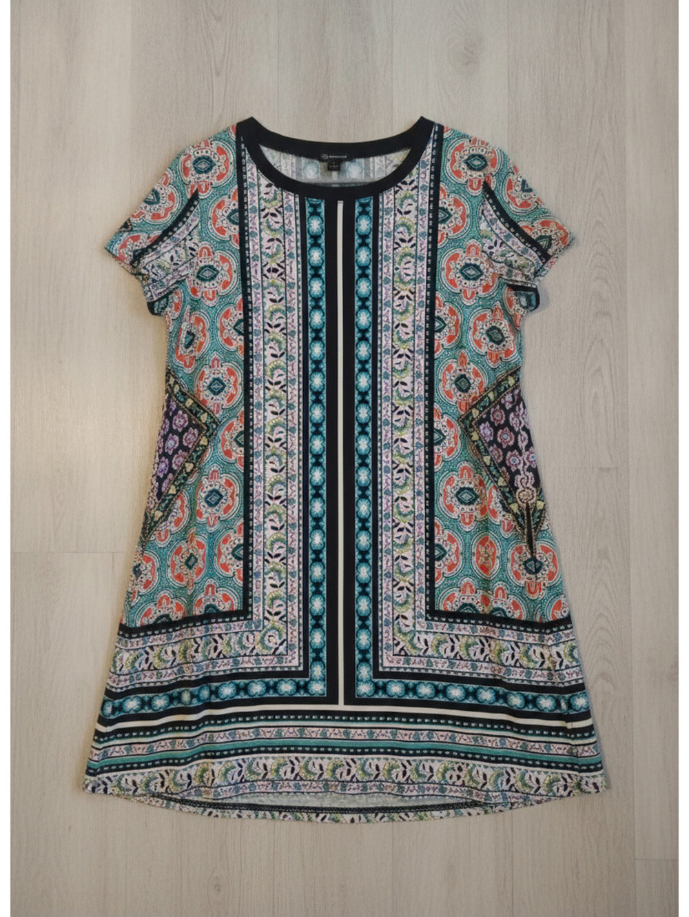 New Directions Boho Medallion Print Shift Dress Size Large L Turquoise Black